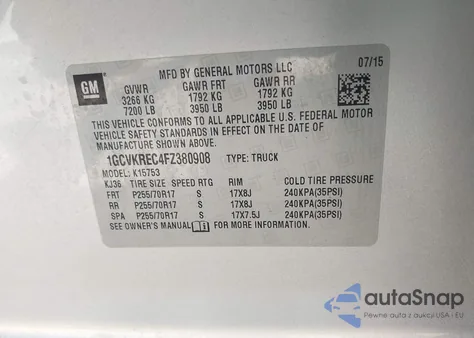 2015 Chevrolet Silverado 1Lt из США, поврежденный, VIN 1GCVKREC4FZ380908